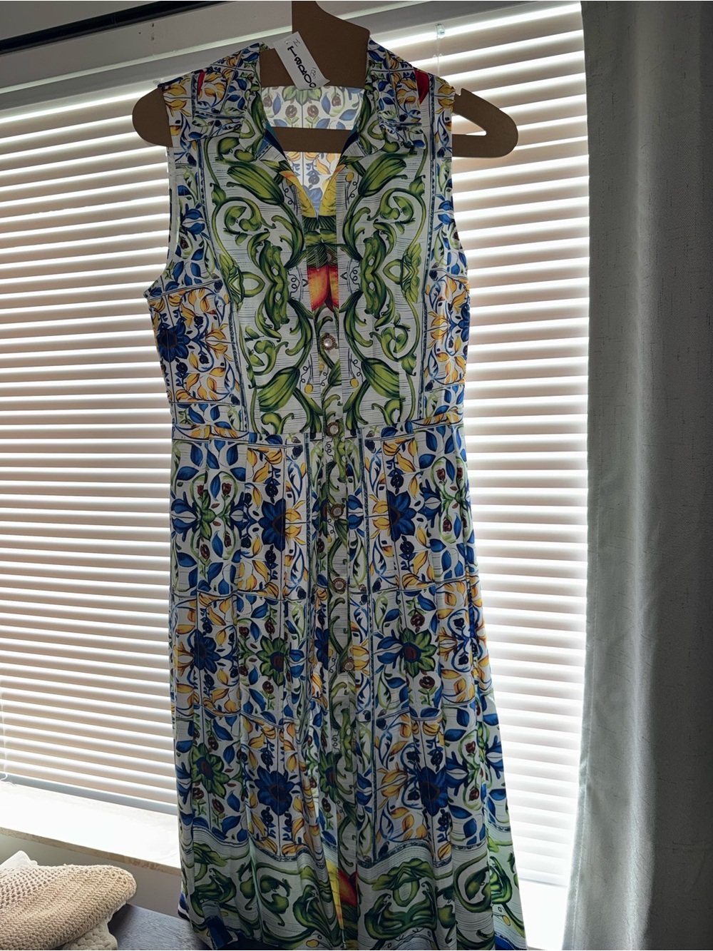Italian Inspired Sleeveless Maxi Dress in Blue, Green & Yellow Tile Print
